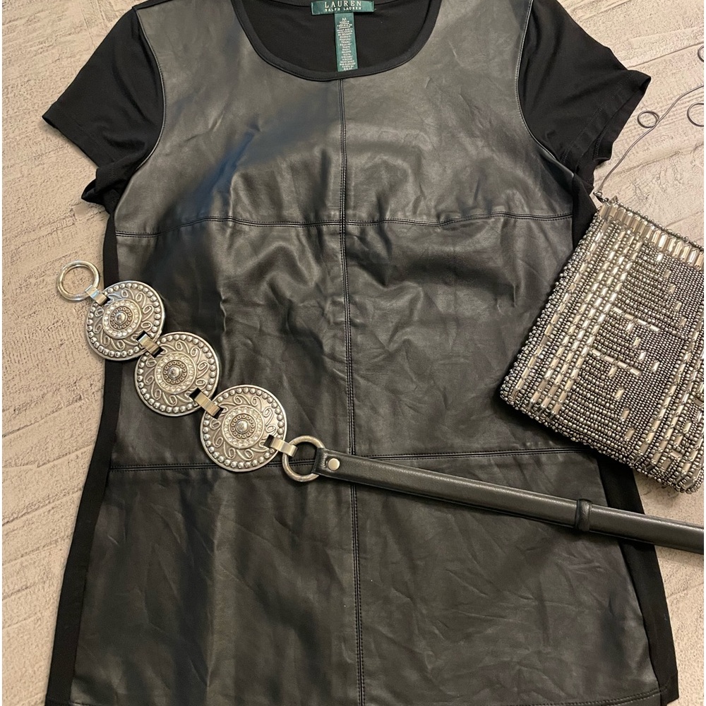 Ralph Lauren faux leather top with polyester back and sleeves.